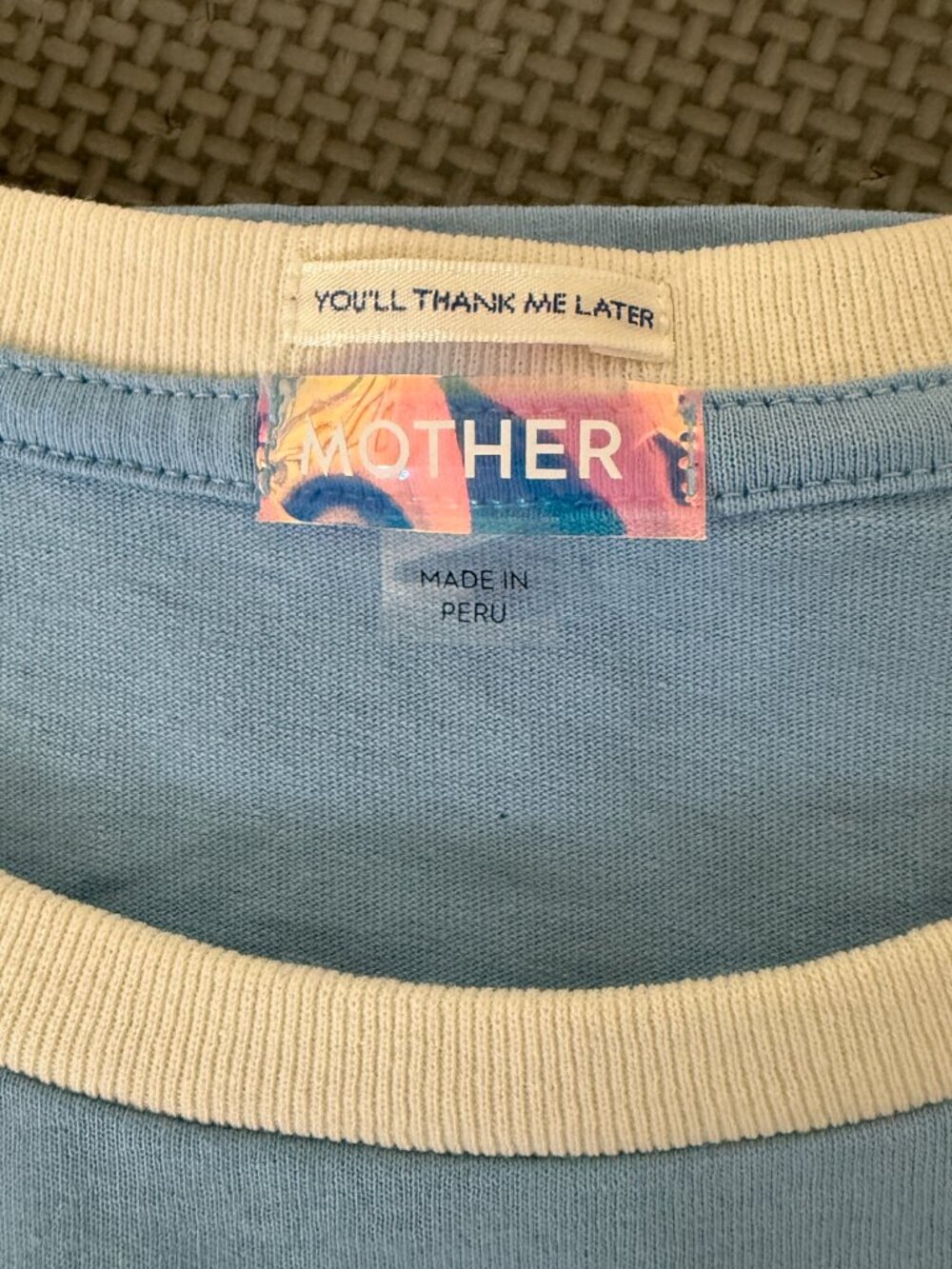NWT MOTHER The Boxy GoodieInset Tee -Mother Script- L- Baby Blue/Red/White - Picture 8 of 12